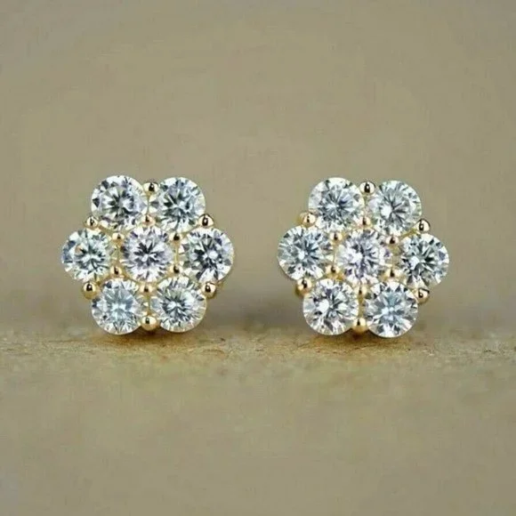Authentic Solid 14k Gold Cluster Stud Earrings White Stones Medium- 8mm x 3mm